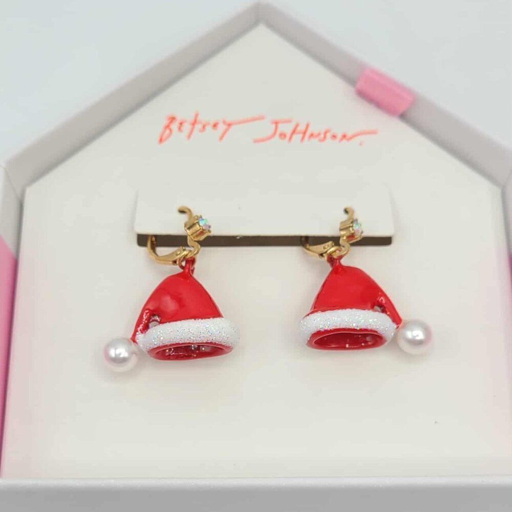 Betsey Johnson Enamel Faux Pearl Santa Hat Earrings NWT! NEW!